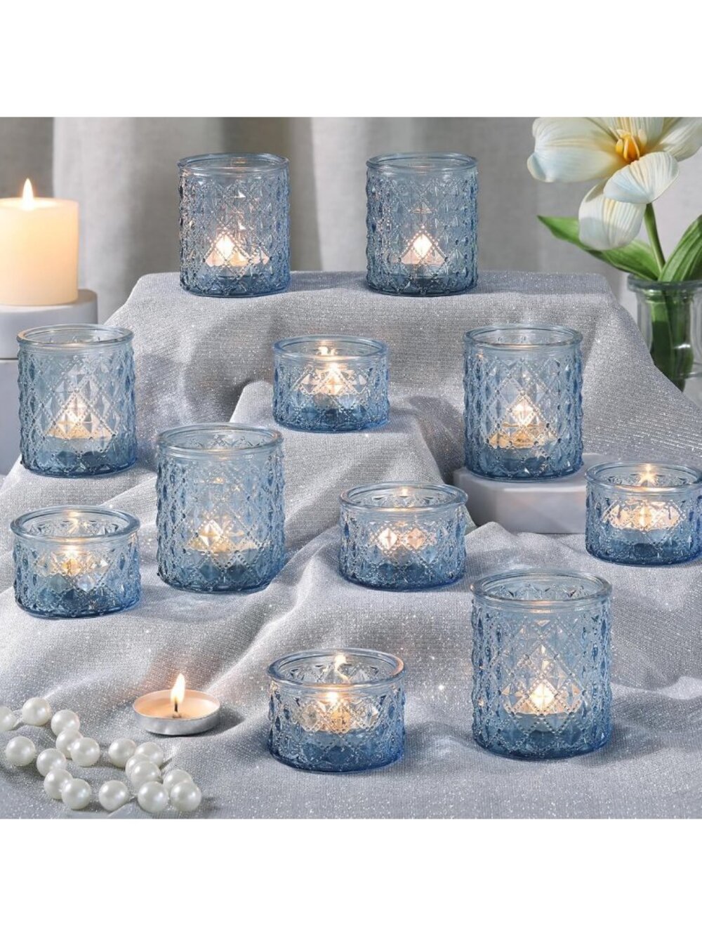 20 Blue Glass Votive Candle Holders - Bulk Tea Light Holders for Home Decor